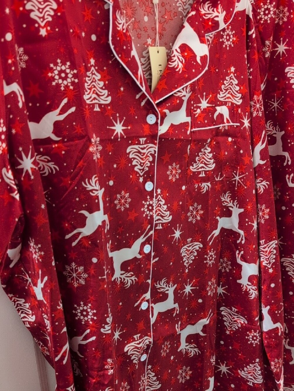 EKOUAER Satin Pajama Set Holiday Reindeer Red and White Button Down Size 2X - Picture 4 of 16